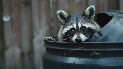 Curious Raccoon Looking Out of Trash Can
