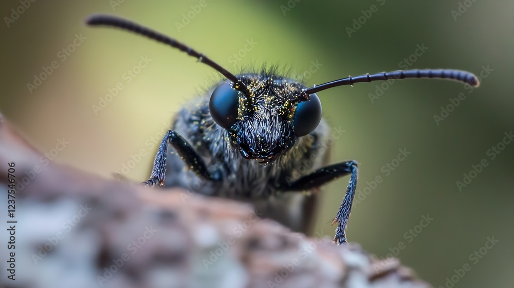 Poster macro shot of a blueeyed beetle perched on a rough branch with detailed antennae : generative ai