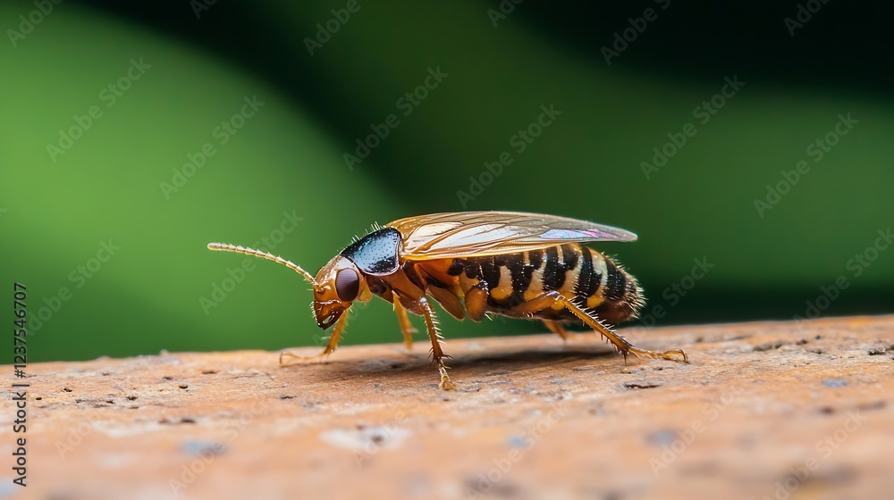 Poster closeup of a colorful wasp on wooden surface in natural habitat with green background : generative a