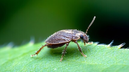 Macro Image of a Tiny Brown Beetle on a Green Leaf in Natural Setting : Generative AI