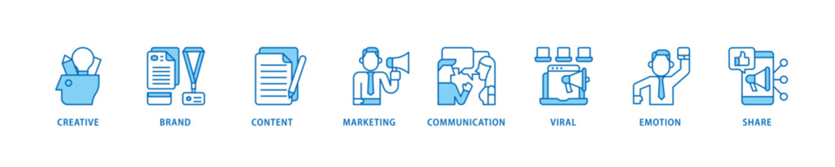 Storytelling icon set flow process which consists of creative, brand, content, marketing, communication, viral, emotion, and share icon live stroke and easy to edit .