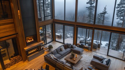 Elegant Living Room Featuring a Spacious Large Window Illuminating a Cozy Fireplace Surrounded by Comfortable Furniture Creating a Warm Inviting Atmosphere for Relaxation and Gatherings