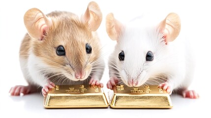 Fototapeta premium Two mice and gold bars on white. Financial success concept. Illustration of corruption with a corrupt rat symbol. Generative ai