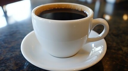 Obraz premium CloseUp of Hot Black Coffee in Elegant White Cup on Café Table : Generative AI