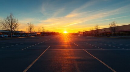 Fototapeta premium Sunrise over empty parking lot, retail buildings background