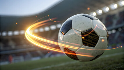 Spinning soccer ball in motion with a blurred stadium background