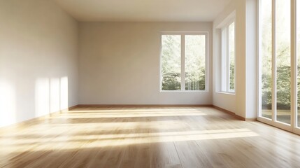 Bright and Airy Empty Room with Large Windows Overlooking Lush Greenery Outdoors : Generative AI
