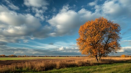 Picturesque rural landscape with autumn tree under dramatic cloudy sky : Generative AI