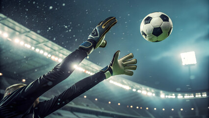 Goalkeeper’s gloved hands reaching to catch a flying soccer ball