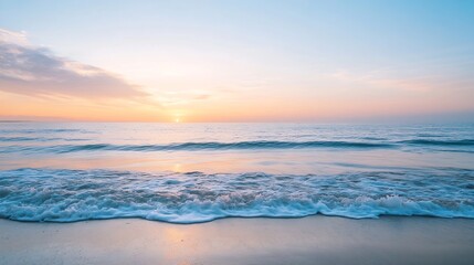 Stunning Sunrise Over Ocean Waves Enveloping Sandy Beach in Scenic Morning View for Relaxing Escape : Generative AI