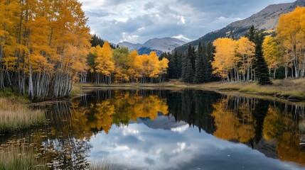 Fototapeta premium Golden Autumn Trees and Mountain Reflections on a Serene Lake : Generative AI