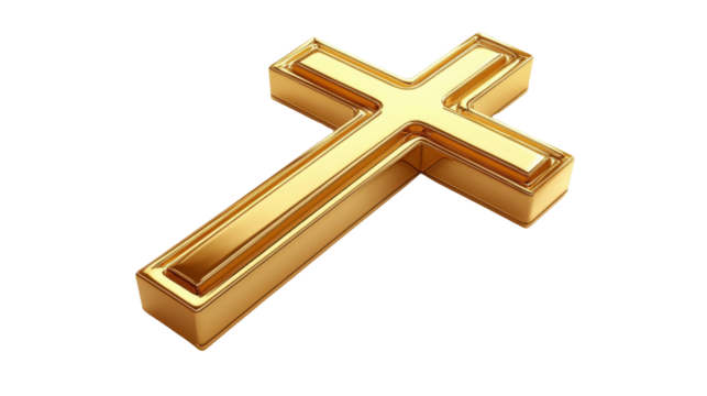 Golden christian cross shining on transparent background