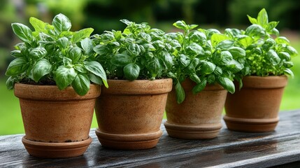 Vibrant Basil Plants in Terracotta Pots