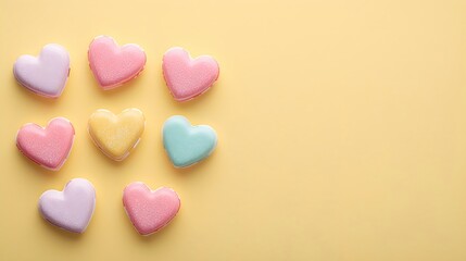 Obraz premium Colorful Heart-Shaped Macarons Isolated on Yellow Background