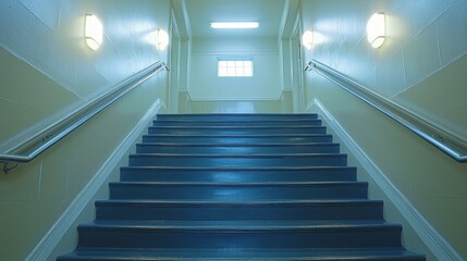 Obraz premium Interior school stairs leading upwards, bright hallway ahead. Education background