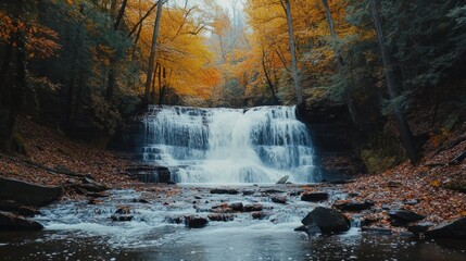 Fototapeta premium Autumn Waterfall in Forest, Scenic Nature Background, Travel