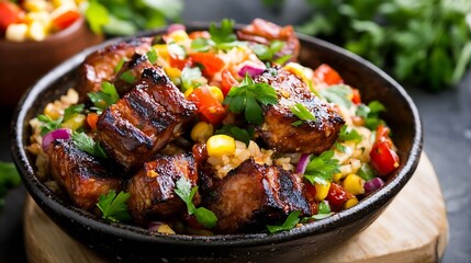 Delicious Grilled Meat with Fresh Vegetables and Herbs in Rustic Bowl for Gourmet Dining : Generative AI