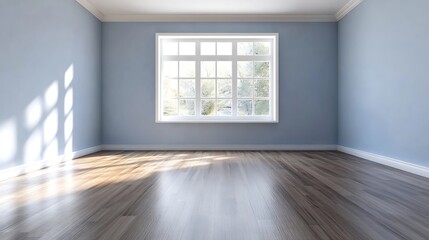 Sunlit empty room with wooden floor and large window perfect for real estate and interior design : Generative AI