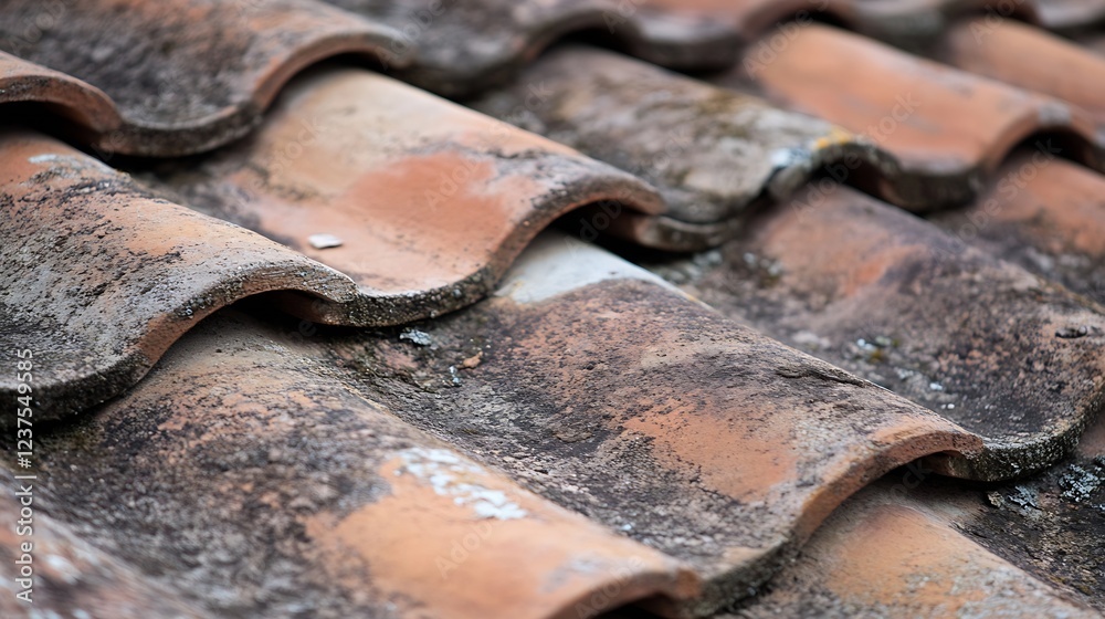 Aufkleber weathered terracotta roof tiles with rustic aesthetic and textured surface patterns : generative ai