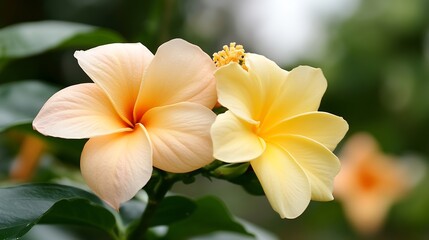 Obraz premium Elegant Yellow and Peach Hibiscus Flowers with Lush Green Leaves in Natural Setting : Generative AI