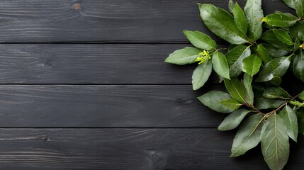 Fresh green leaves on dark wood background; space for text; recipe, blog, cooking