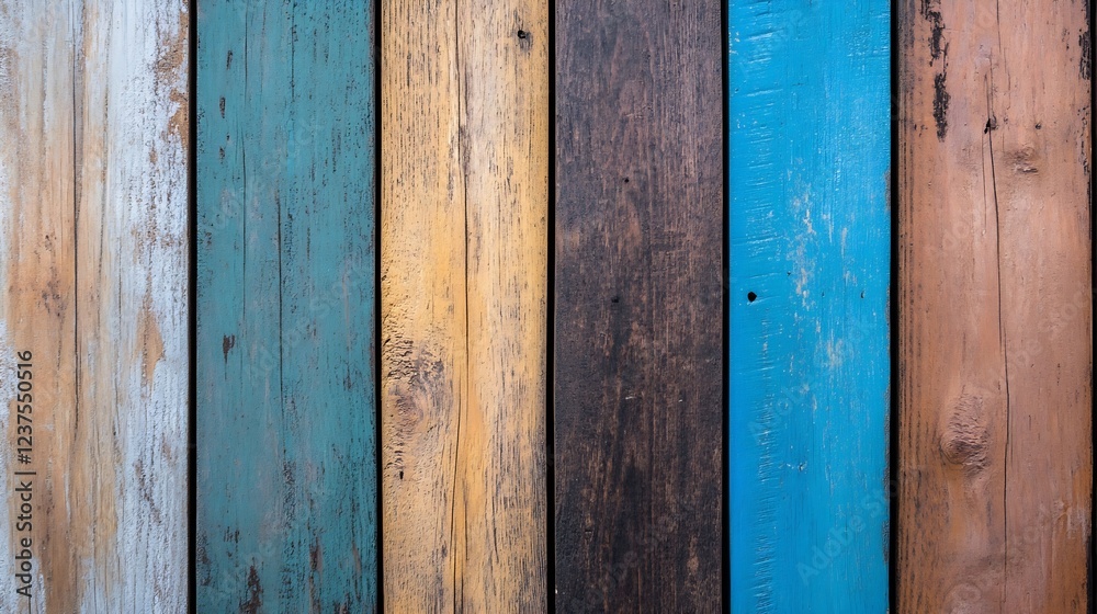 Poster Colorful Reclaimed Wood Planks in Horizontal Layout for Rustic Design and Backgrounds : Generative AI