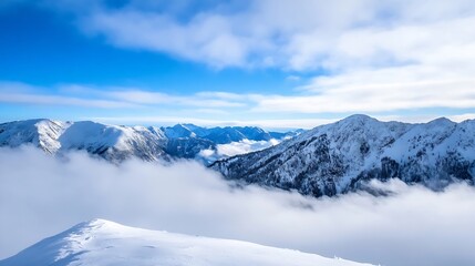 Majestic Snow Capped Mountain Peaks and Blue Sky Panorama with Serene Winter Atmosphere : Generative AI