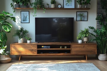 Mid-century modern walnut wood TV console with open storage and drawer, LED television, plants, and decorative shelves.