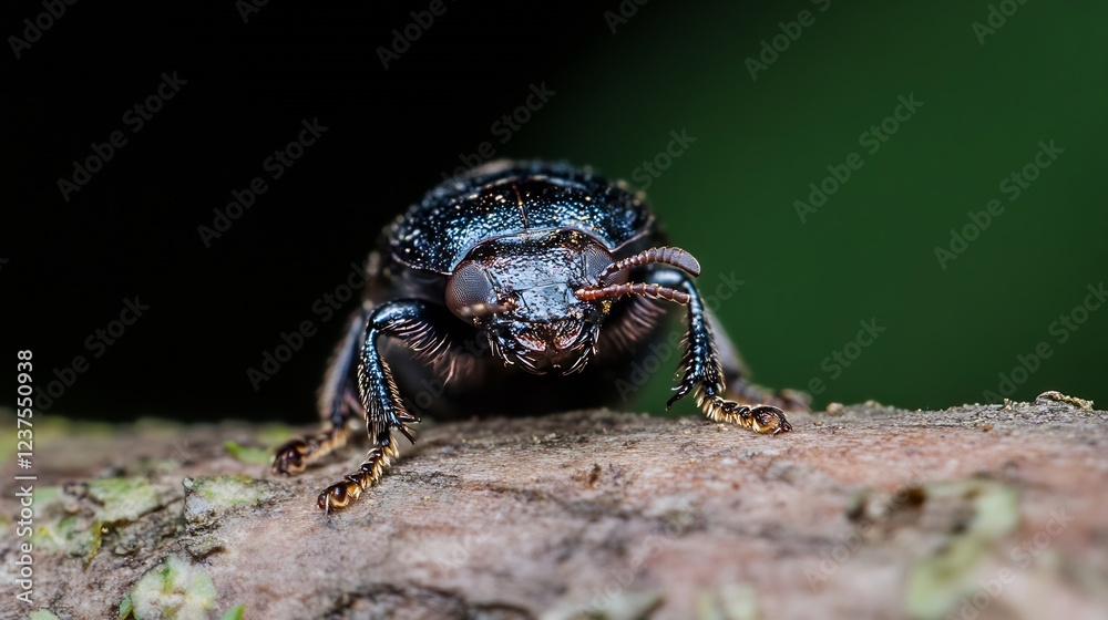 Poster CloseUp Macro of Dark Beetle Resting on Rough Textured Tree Bark : Generative AI