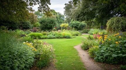Lush Botanical Garden with Gravel Pathway Surrounded by Dense Greenery and Vibrant Flowers : Generative AI