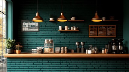 Stylish Coffee Shop Interior Design With Teal Brick Walls
