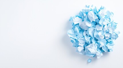Blue crumpled paper pile on white background, brainstorming concept