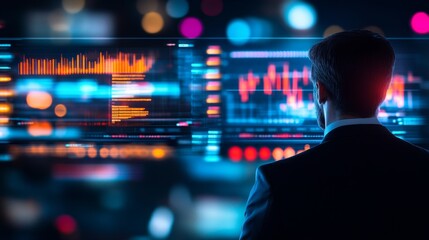 Business professional analyzing data trends on digital screens in a modern office environment