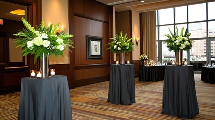 Hotel ballroom floral arrangements cocktail reception