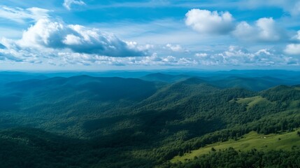 Fototapeta premium Aerial view of lush green mountain landscape under a clear blue sky : Generative AI