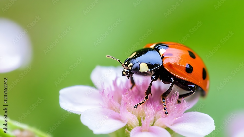 Poster closeup of vibrant red ladybug on delicate pink flower blossom in natural setting : generative ai