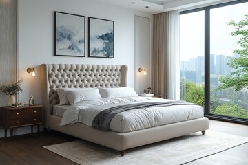 Spacious French-style bedroom with light gray bed headboard, decorative art, and beige area rug, bright and cozy atmosphere.