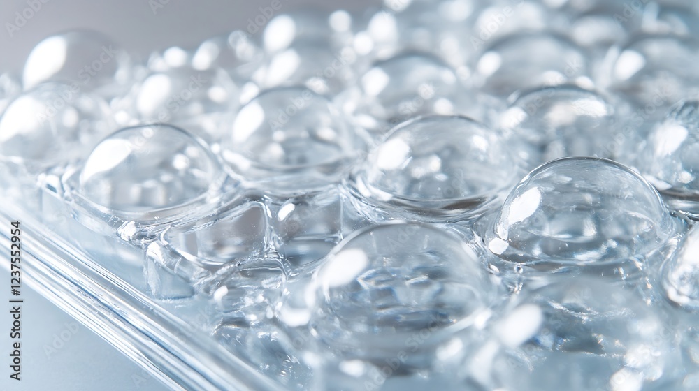 Poster closeup of transparent bubbles or capsules arranged on reflective surface : generative ai