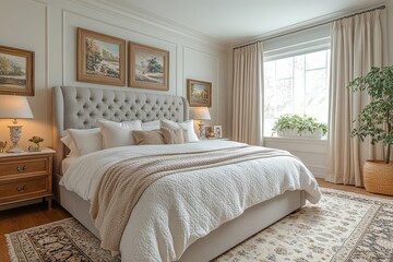 Spacious French-style bedroom with light gray bed headboard, decorative art, and beige area rug, bright and cozy atmosphere.