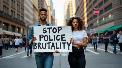 On a bustling city street, a determined man and woman in their mid-30s hold a large sign reading 'Stop Police Brutality,' showcasing their firm resolve amid the fast-paced surroundings.