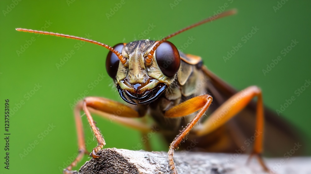 Poster large green cricket on tree branch with intense focus on complex eyes and antennae : generative ai