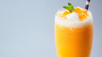 Refreshing Orange Beverage in Glass with Mint and Ice on Minimalistic Background : Generative AI