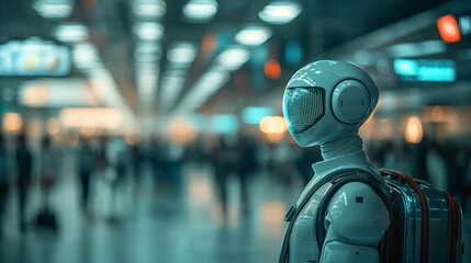 Humanoid Robot Scanning Luggage at Airport Terminal Futuristic Technology Digital Environment Focused View