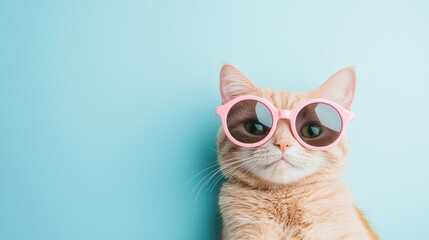 Adorable ginger cat wearing round pink glasses against a soft blue background. Perfect for playful designs, pet advertising, and creative social media content