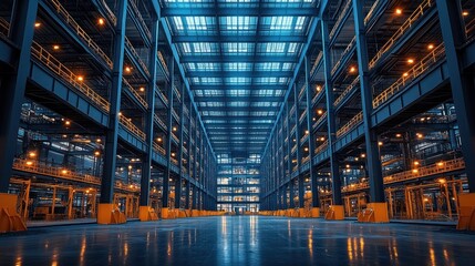 Industrial building interior, vast warehouse,  steel structure, machinery, nighttime