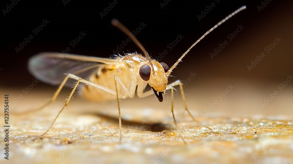 Poster close up macro shot of a small brown mosquito on a rough surface in natural light : generative ai