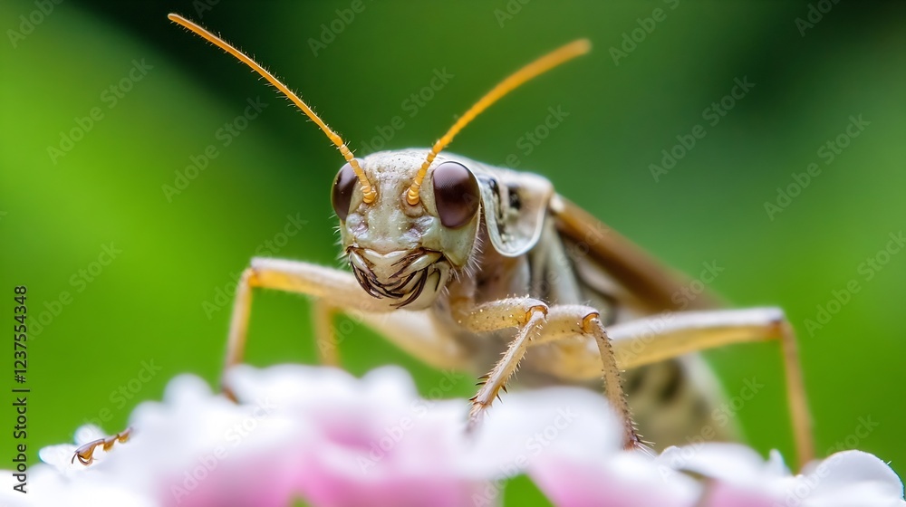 Poster Close Shot Macro View of a Grasshopper Posing on Petals in Natural Setting : Generative AI