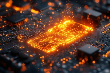 Glowing Circuit Board with Orange Light, Abstract Technology Rendered, Generated AI