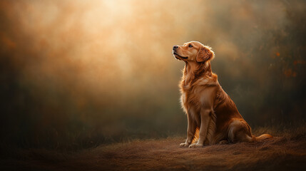 Golden retriever sitting in sunlit field looking up with peaceful expression