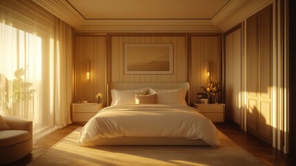 Cozy and Inviting Bedroom Featuring a Comfortable Bed Accentuated by a Stylish Chair Surrounded by Warm Lighting Creating a Tranquil and Relaxing Atmosphere for Restful Nights